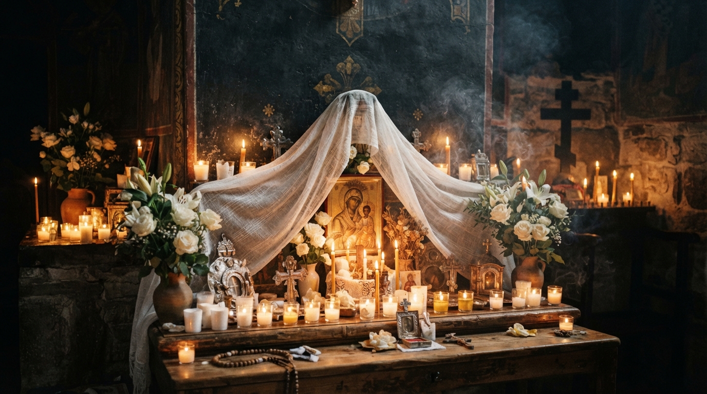 Sanctuary altar with candles, white roses, and drapery